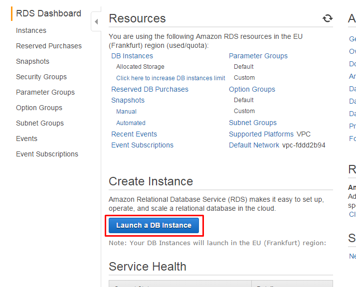 Możesz też zobaczyć taki ekran - w takim wypadku wybierz opcję 'Launch DB instance'