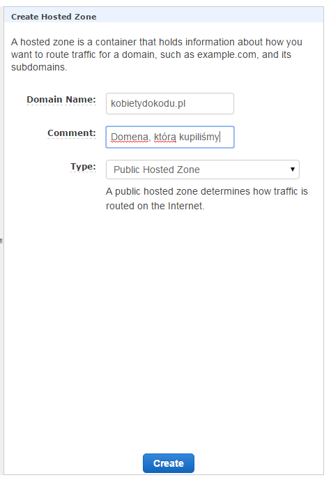 W panelu po prawej stronie uzupełniamy dane domeny - przede wszystkim jej adres (bez www na początku) oraz opcjonalny opis