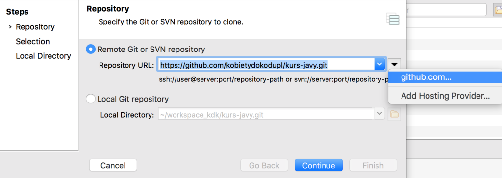 Wybór repozytorium zdalnego - GitHub