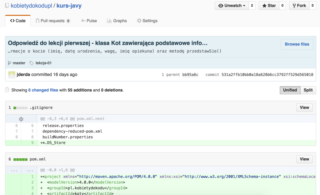 Widok commita w serwisie github.com