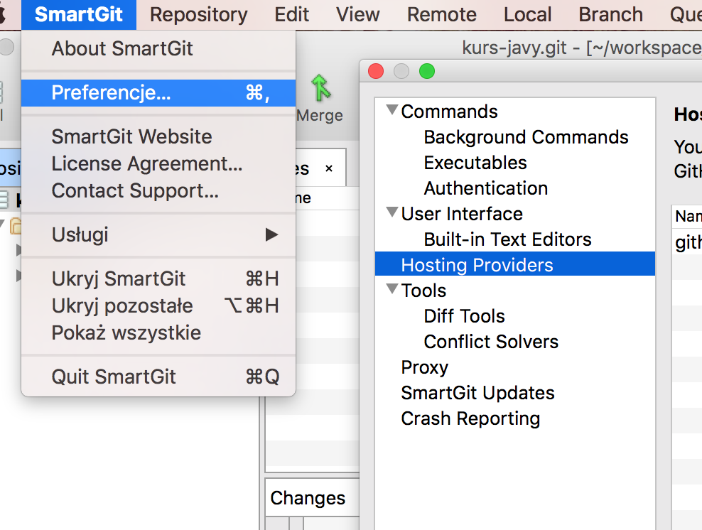 Ustawienia 'hosting providers' w SmartGit