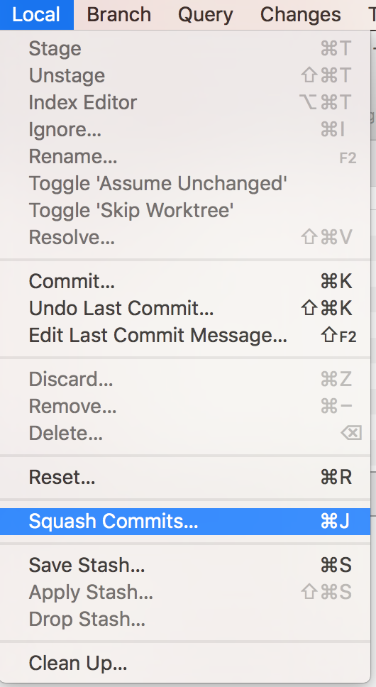 Menu z opcją squash commits